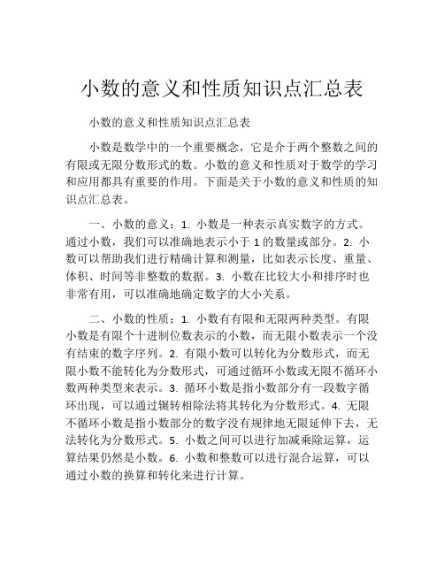 小数的意义和性质知识点汇总表