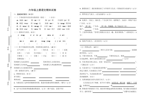 2019年六年级上册语文期末试卷及答案