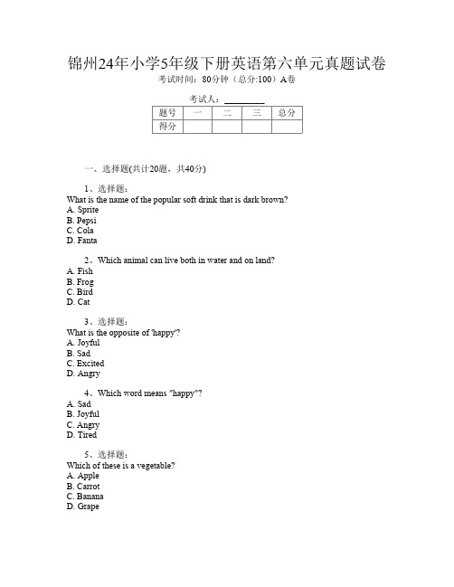 锦州24年小学5年级下册第九次英语第六单元真题试卷