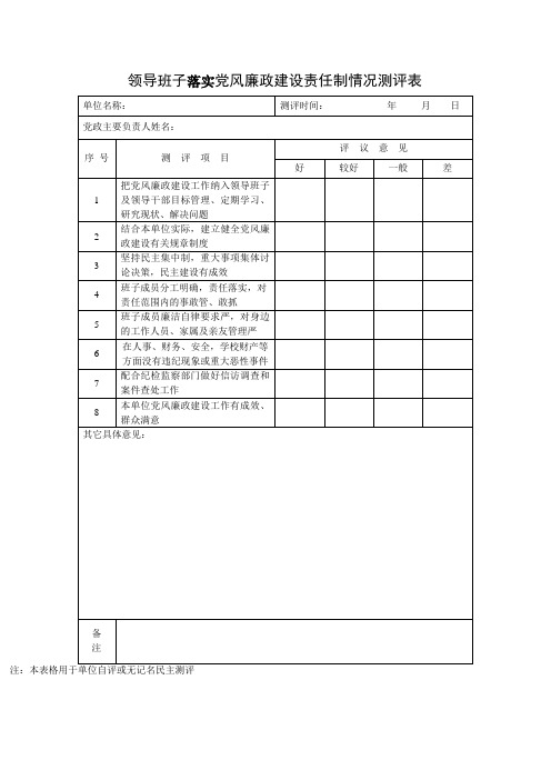 领导班子落实党风廉政建设责任制情况测评表