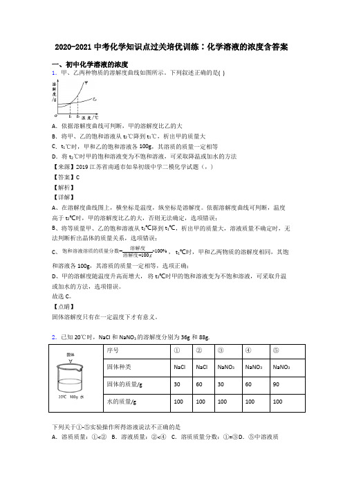 2020-2021中考化学知识点过关培优训练∶化学溶液的浓度含答案