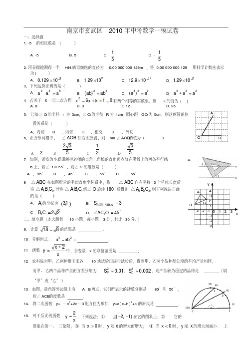 南京市玄武区2010年中考数学一模试卷(含答案)