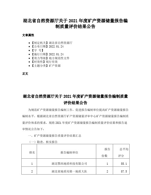 湖北省自然资源厅关于2021年度矿产资源储量报告编制质量评价结果公告