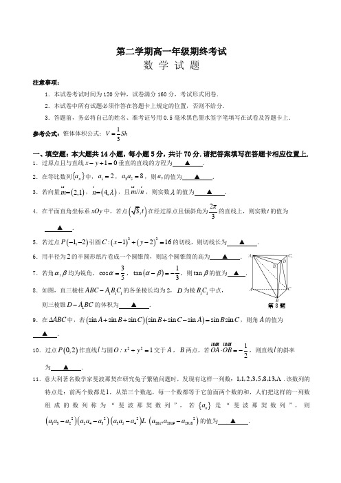 江苏省盐城市高一下册考试数学有答案【精选】.doc