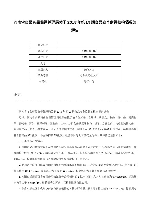 河南省食品药品监督管理局关于2018年第19期食品安全监督抽检情况的通告-