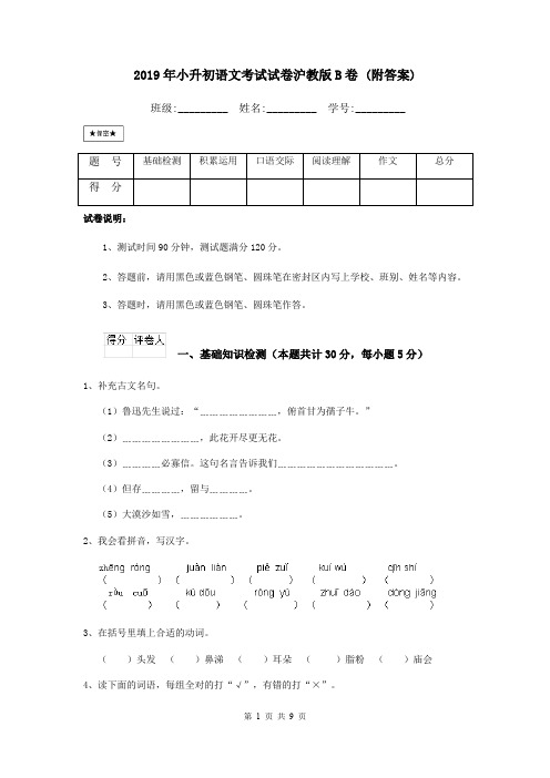 2019年小升初语文考试试卷沪教版B卷 (附答案)