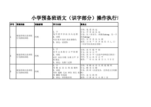 幼小衔接识字 操作执行表