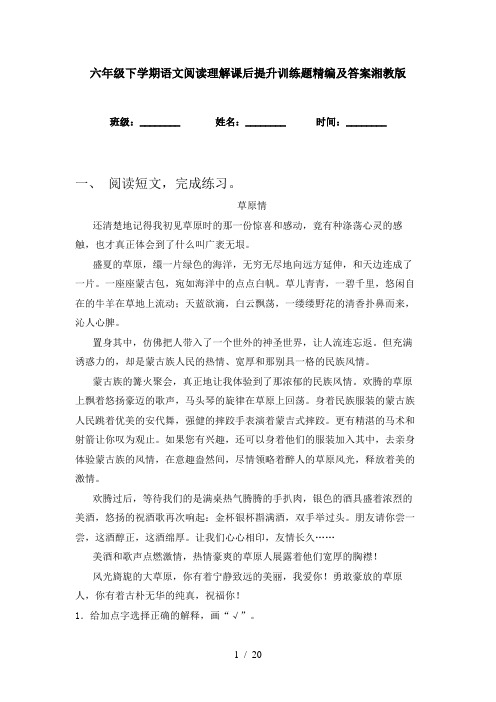 六年级下学期语文阅读理解课后提升训练题精编及答案湘教版