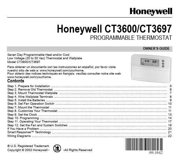 Honeywell CT3600 CT3697 七天编程可编程温度调节器说明书