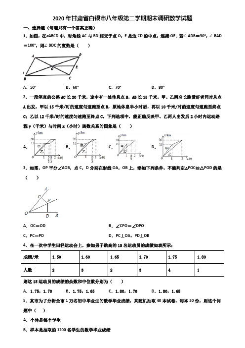 2020年甘肃省白银市八年级第二学期期末调研数学试题含解析