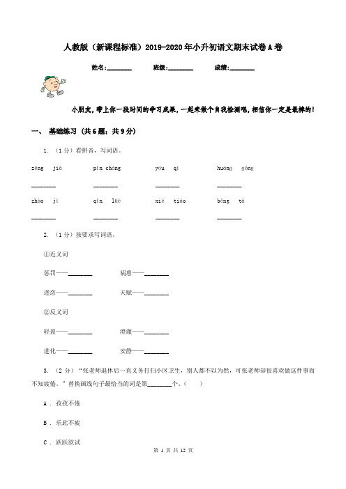 人教版(新课程标准)2019-2020年小升初语文期末试卷A卷