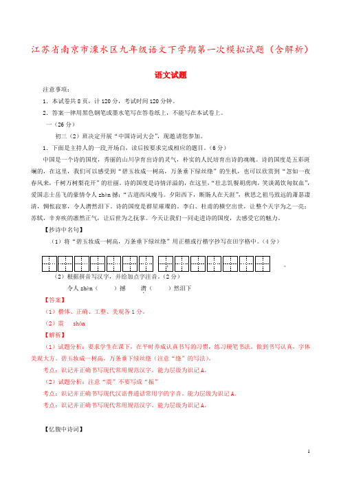 江苏省南京市溧水区九年级语文下学期第一次模拟试题(含解析)