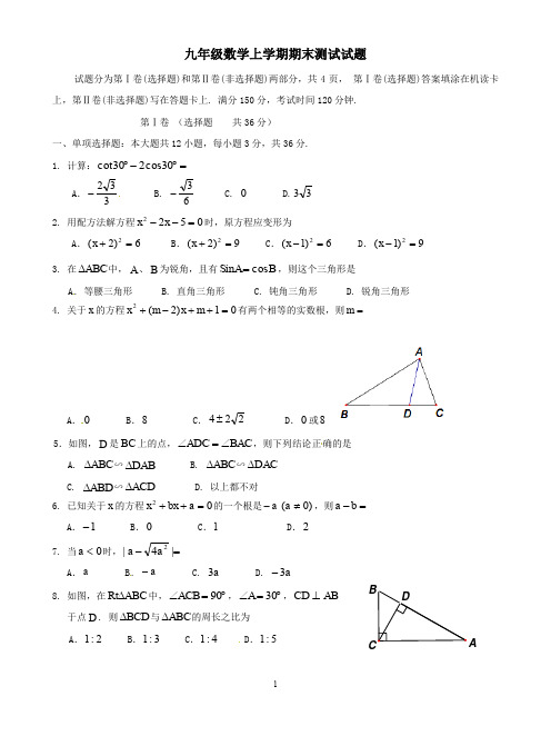 四川省2020届九年级数学上学期期末测试试题