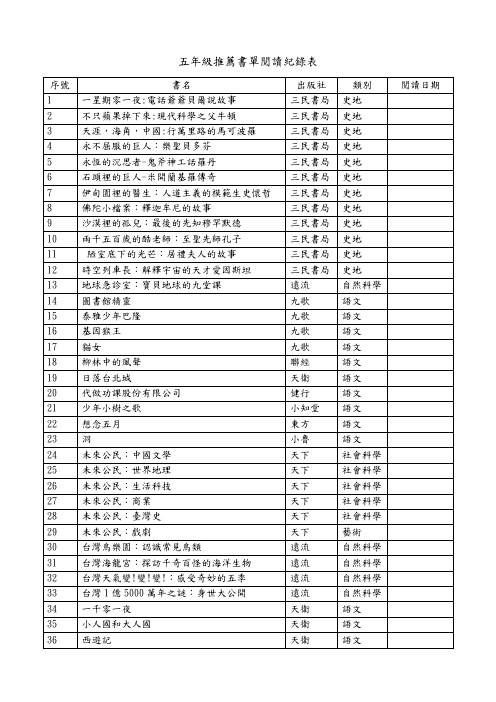 五年级推荐书单阅读纪录表