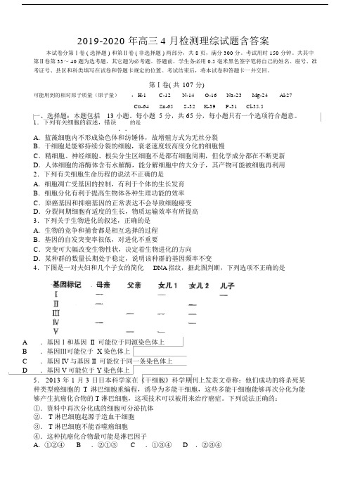 2019-2020年高三4月检测理综试题含答案.docx