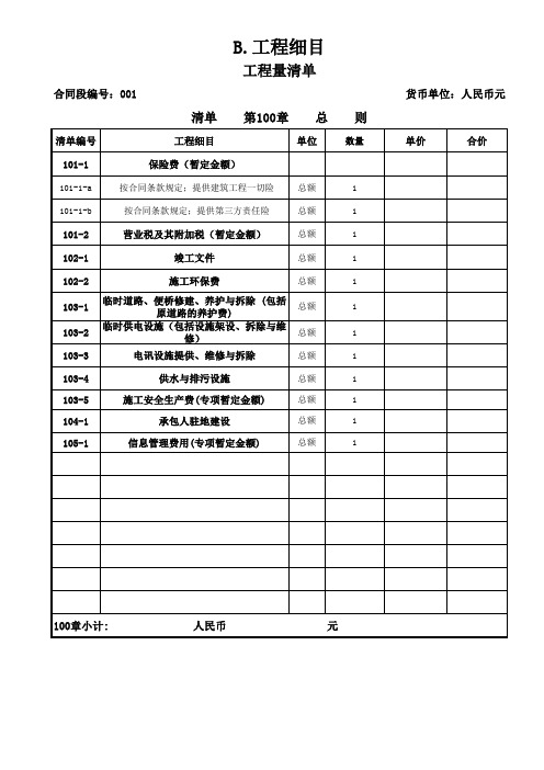 道路施工图预算工程量清单