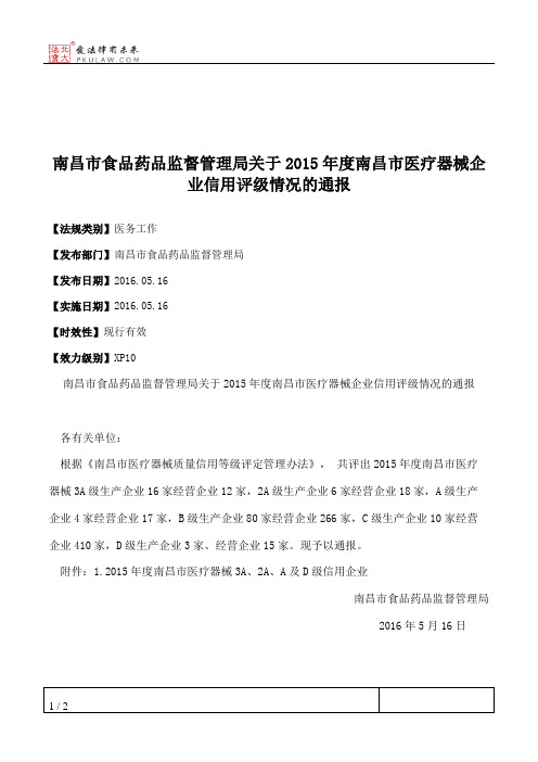 南昌市食品药品监督管理局关于2015年度南昌市医疗器械企业信用评