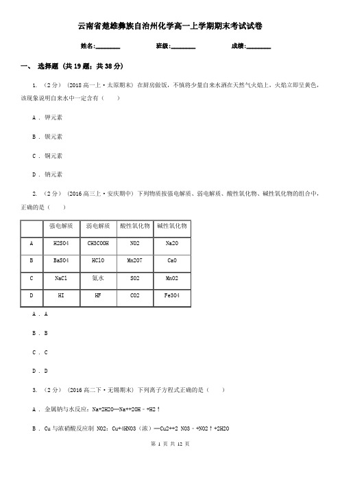 云南省楚雄彝族自治州化学高一上学期期末考试试卷