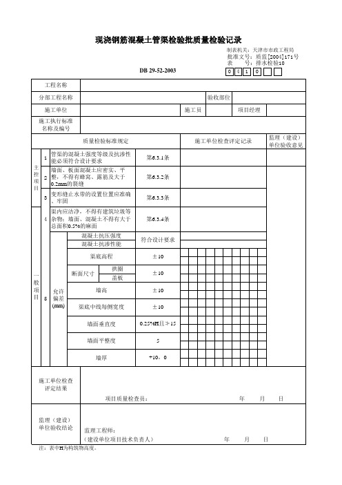 现浇钢筋混凝土管渠检验批质量检验记录