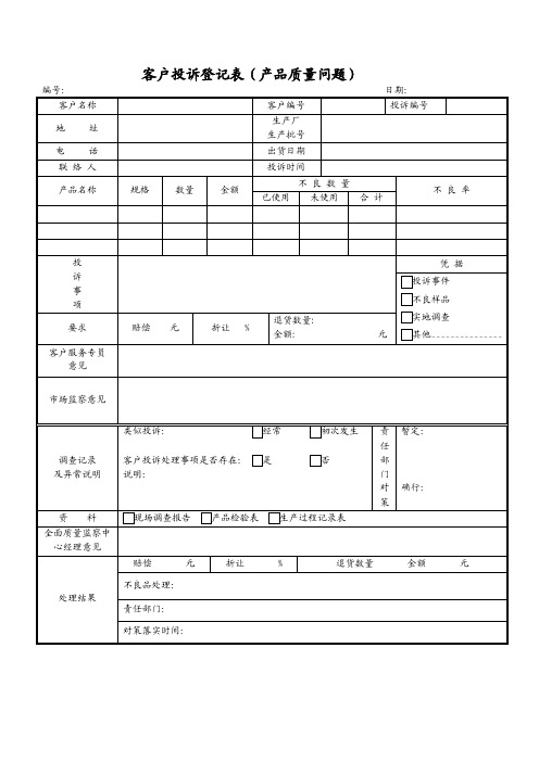 客户投诉登记表（质量问题）