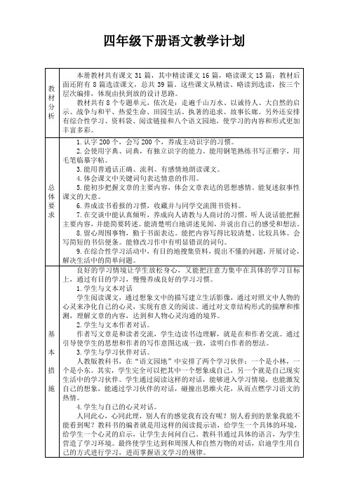 小学四年级下册语文教学计划及进度表