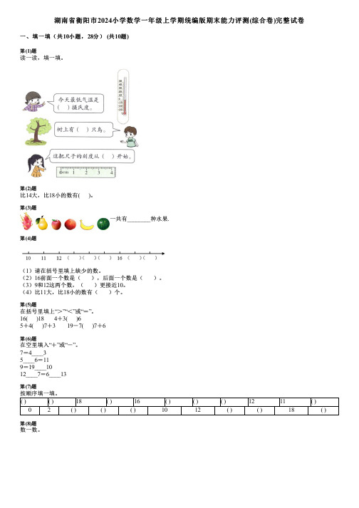 湖南省衡阳市2024小学数学一年级上学期统编版期末能力评测(综合卷)完整试卷