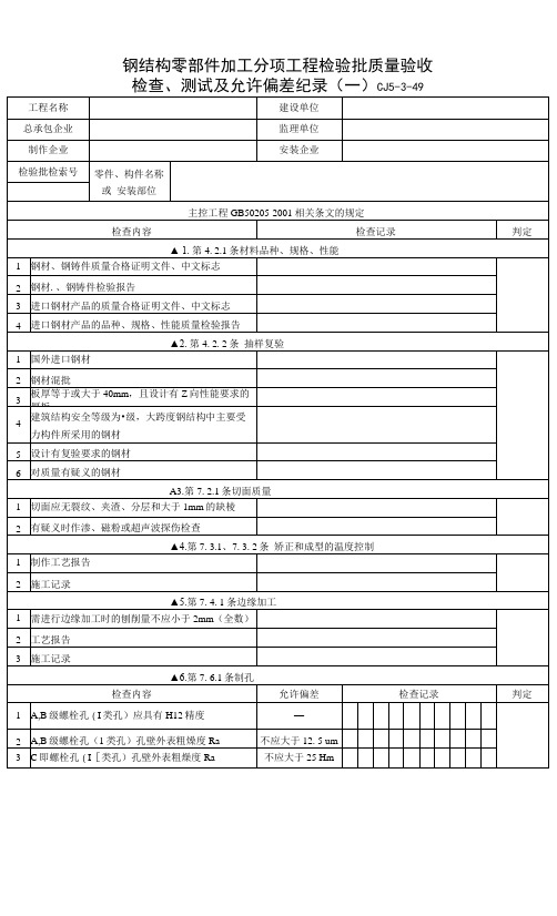 钢结构零部件加工分项工程检验批质量验收检查、测试及允许偏差纪录