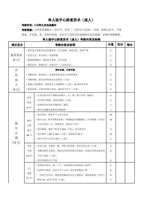 单人徒手心肺复苏术(成人)考核内容及标准