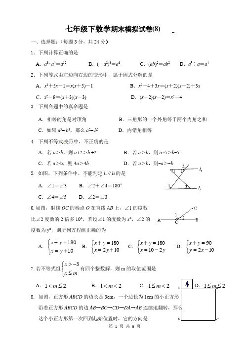 七年级下数学期末模拟试卷(8)