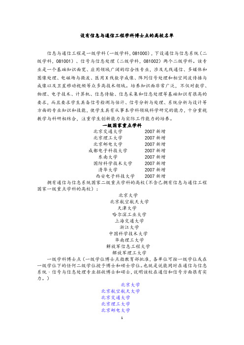 设有信息与通信工程学科博士点的高校名单.docx