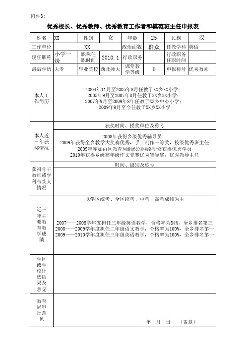 优秀校长、优秀教师、优秀教育工作者和模范班主任申报表