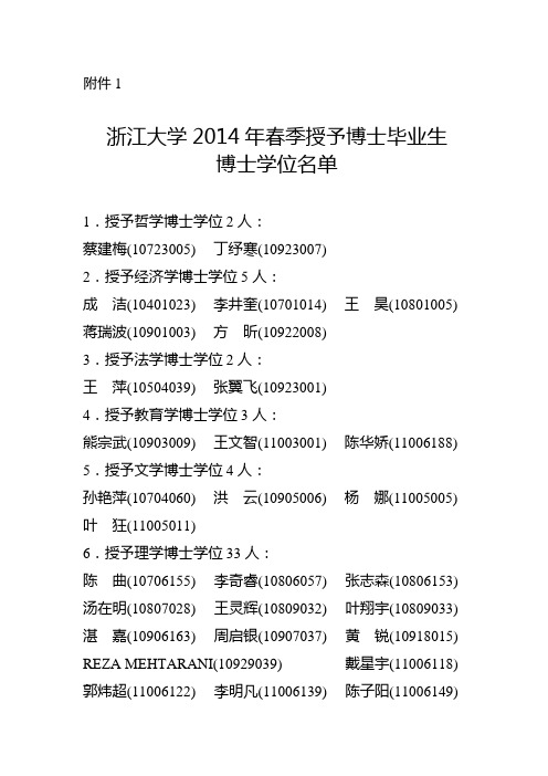 浙江大学2014年春季硕士博士毕业生名单