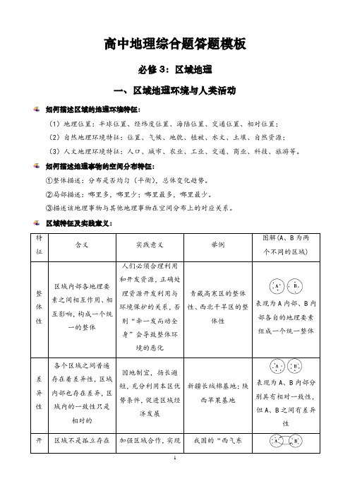 高中地理综合题答题模板(必修3)