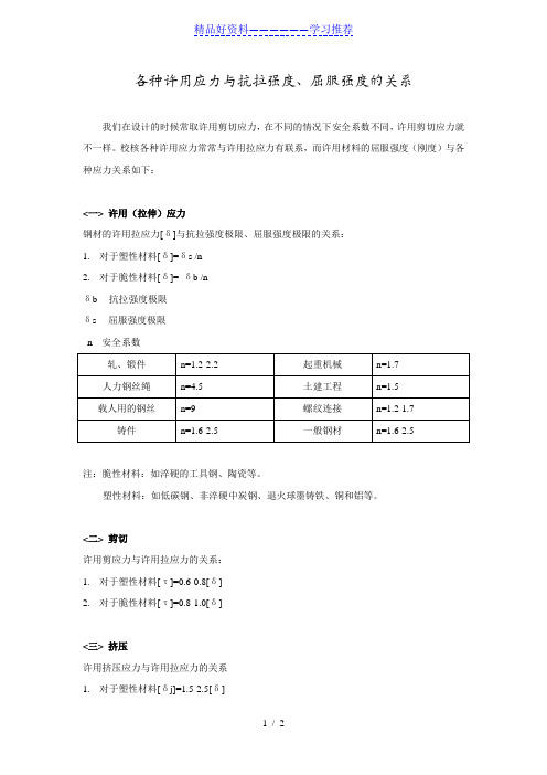 各种许用应力与抗拉强度、屈服强度的关系