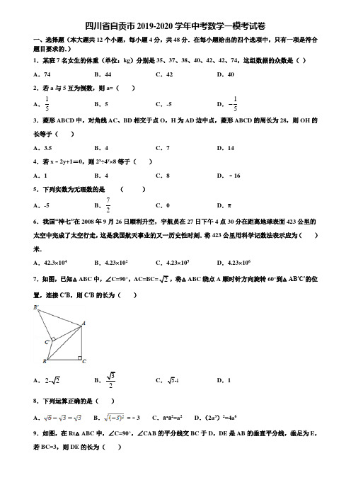 四川省自贡市2019-2020学年中考数学一模考试卷含解析