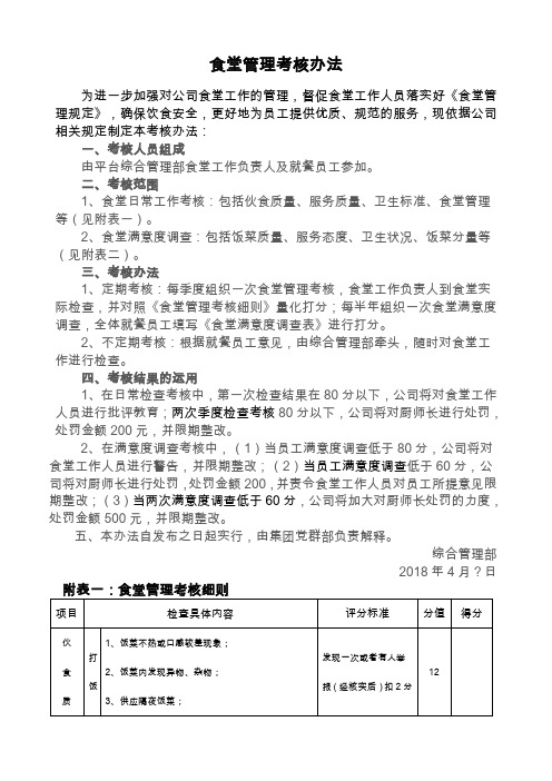 食堂考核标准及考核办法