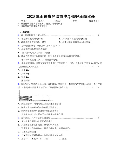 2023年山东省淄博市中考物理原题试卷及解析