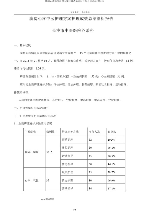 胸痹心痛中医护理方案护理效果总结计划解析总结报告书