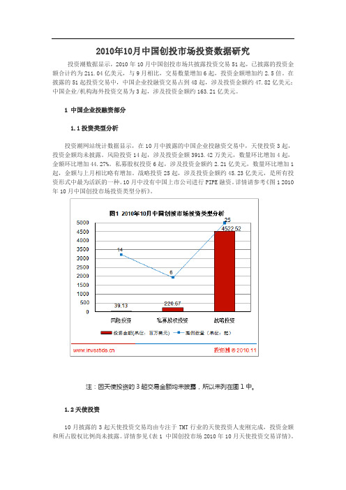 2010年10月中国创投市场投资数据研究