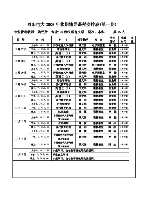 酉阳电大2006年秋期辅导课程安排表(第一期).