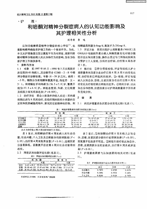 利培酮对精神分裂症病人的认知功能影响及其护理相关性分析