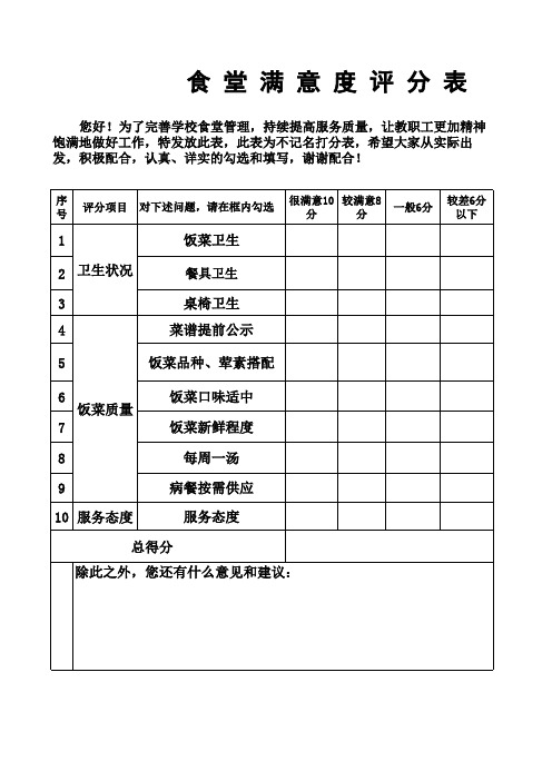 食堂满意度评分表