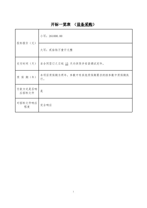 开标一览表(设备采购)