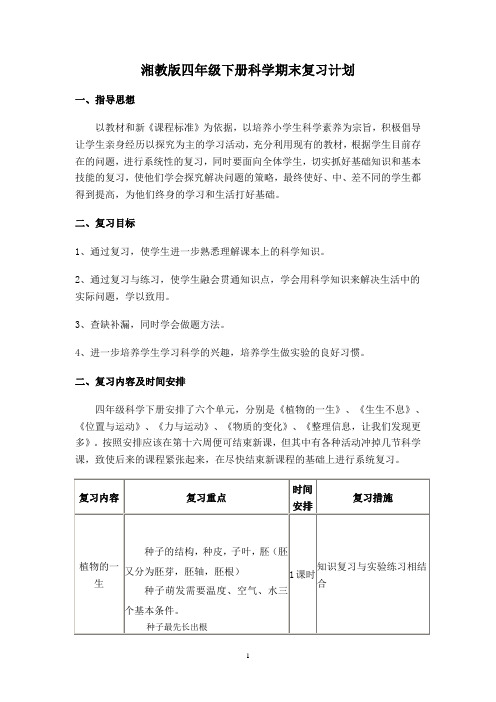 湘教版四年级下册科学期末复习计划