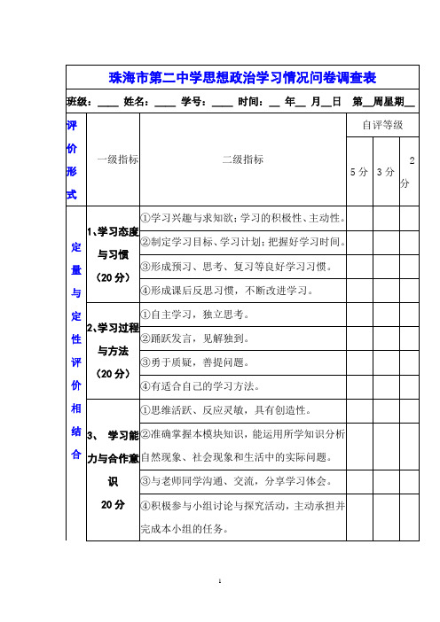 珠海市第二中学思想政治学习情况问卷调查表