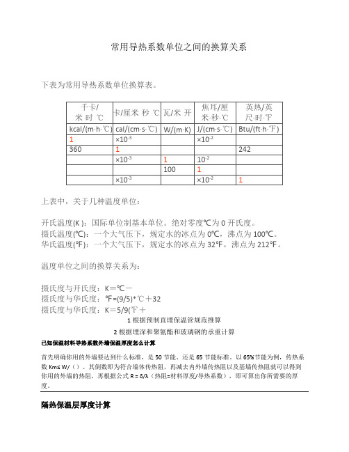 常用导热系数单位之间的换算关系