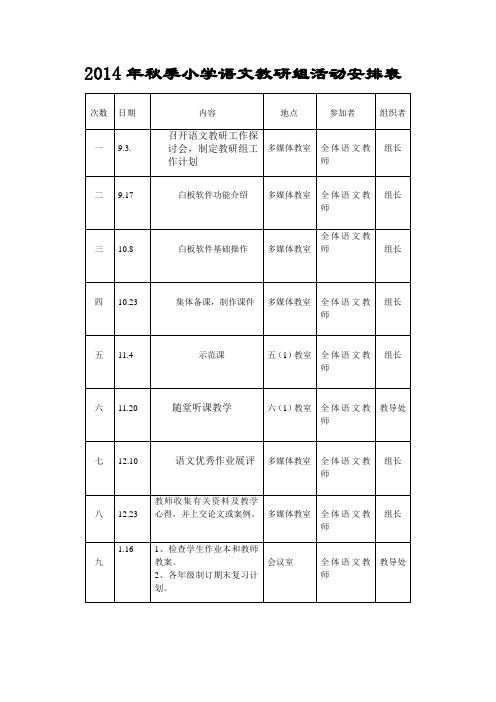 2014年秋季小学语文教研组活动安排表