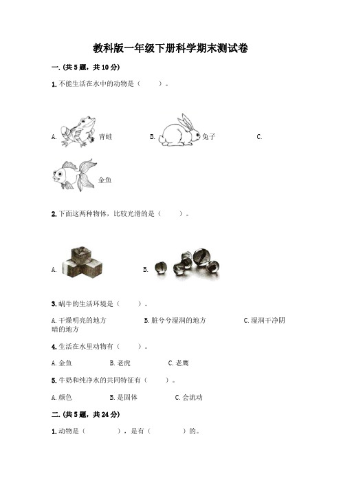 教科版一年级下册科学期末测试卷附参考答案(实用)