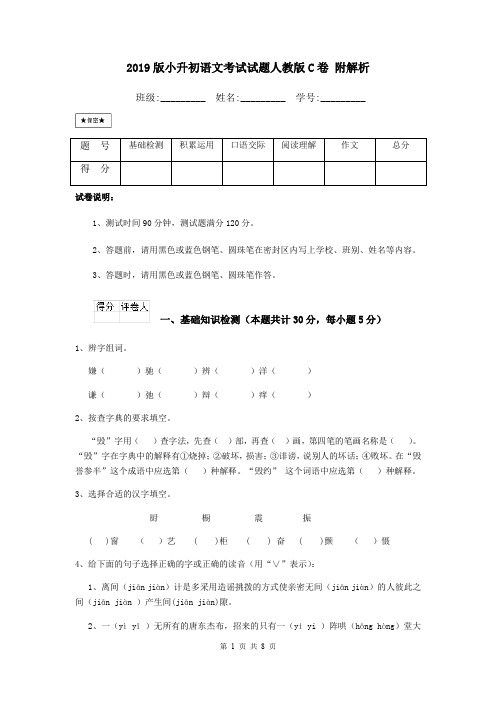 2019版小升初语文考试试题人教版C卷 附解析