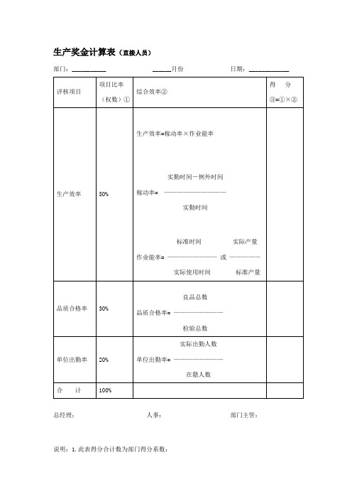 生产奖金计算表直接人员